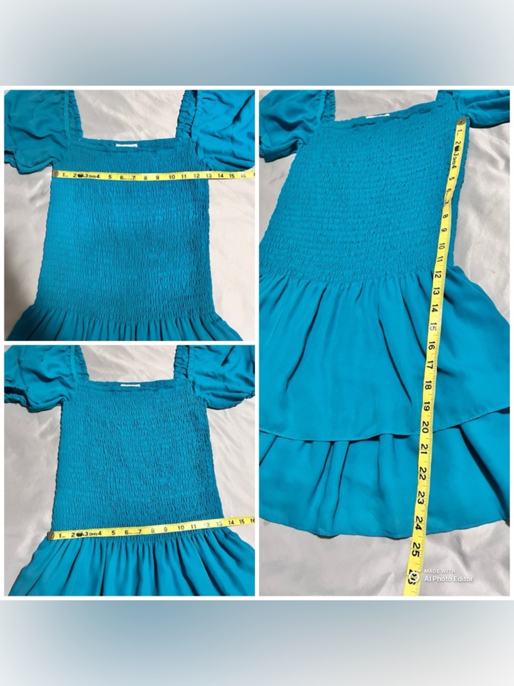 Parker Silk Smocked Mini Dress Teal Puff Sleeve Ruffle S Small NWOT - Picture 8 of 8